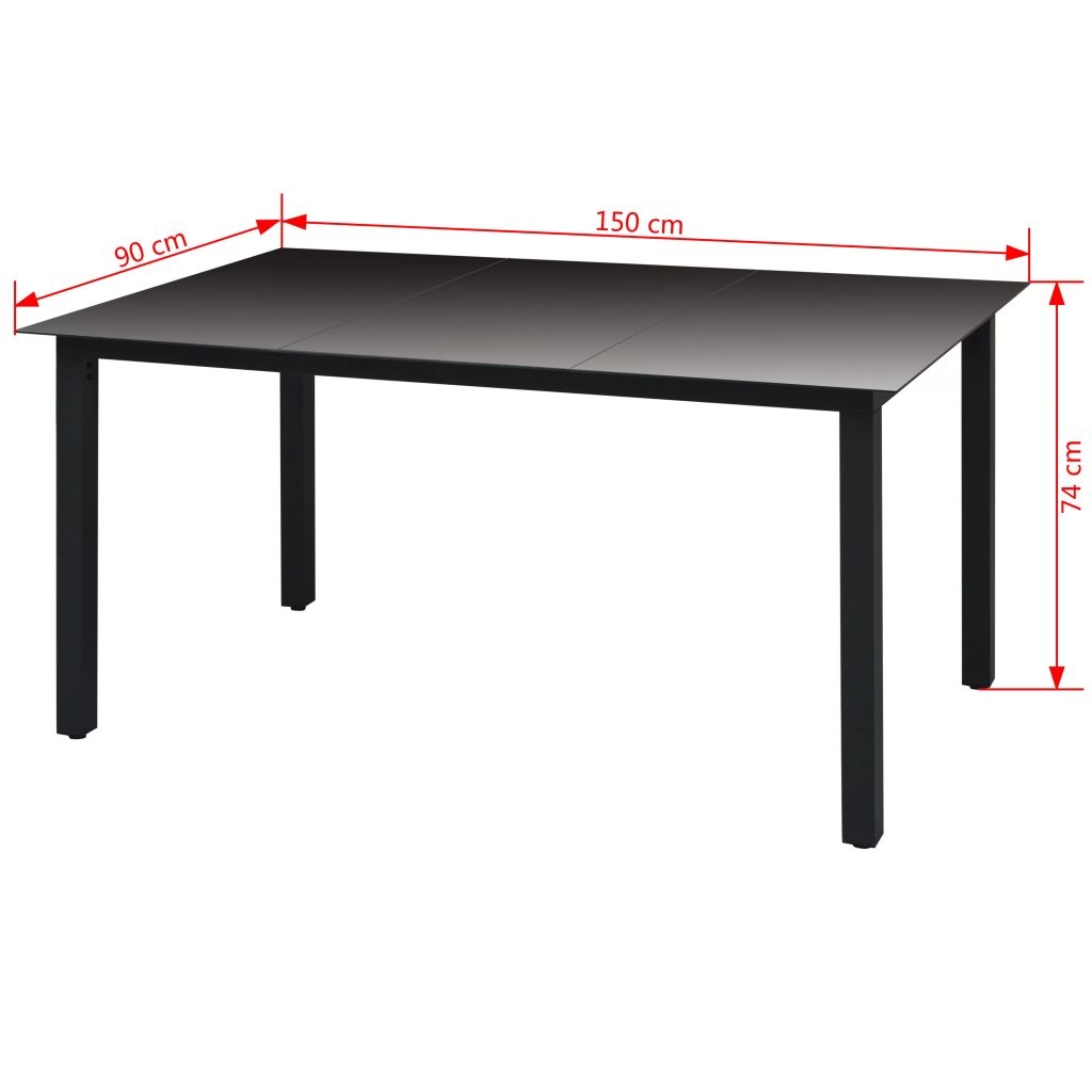 vidaXL Mesa de jardín de aluminio y vidrio negra 150x90x74 cm