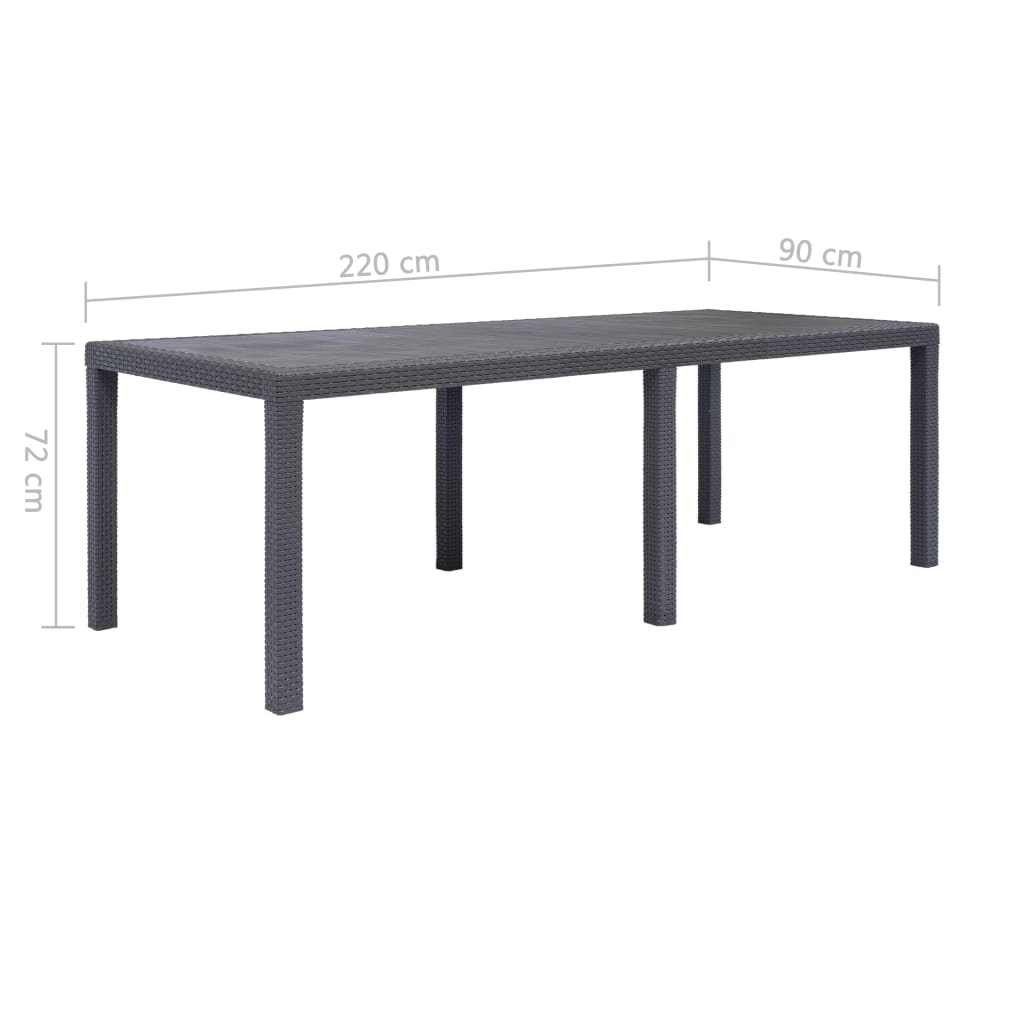 vidaXL Mesa de jardín de plástico aspecto ratán marrón 220x90x72 cm