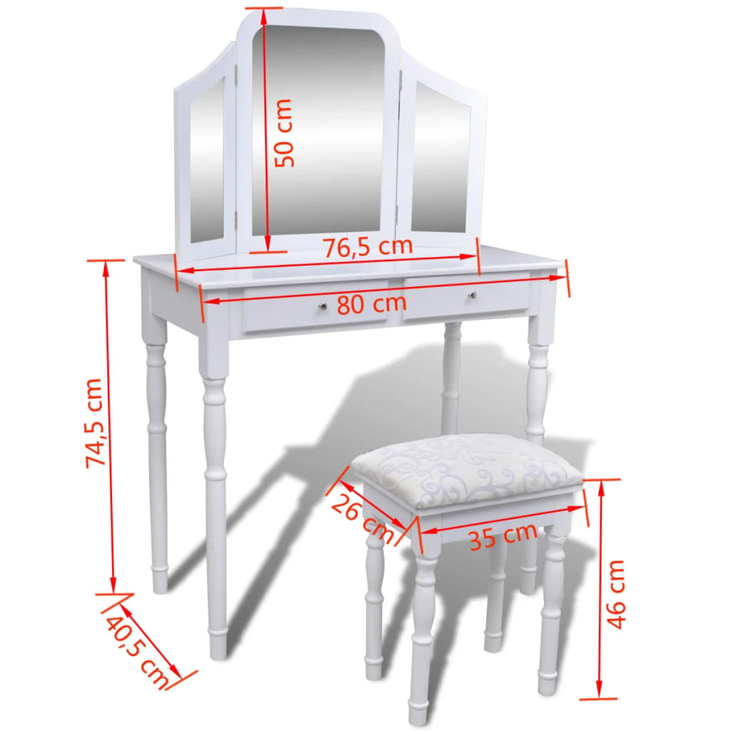 vidaXL Tocador con espejo 3 en 1 taburete y 2 cajones blanco