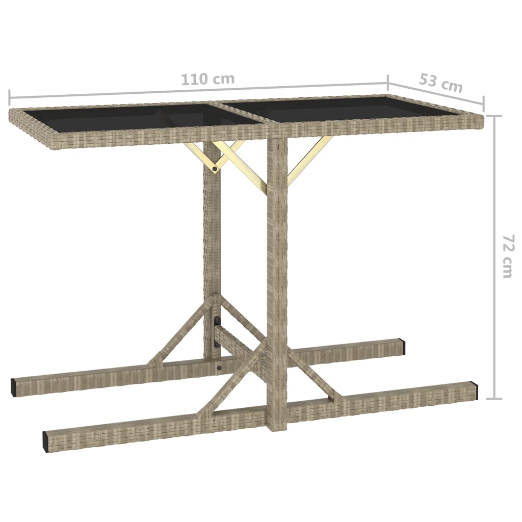 vidaXL Mesa de jardín de vidrio y ratán sintético beige 110x53x72 cm