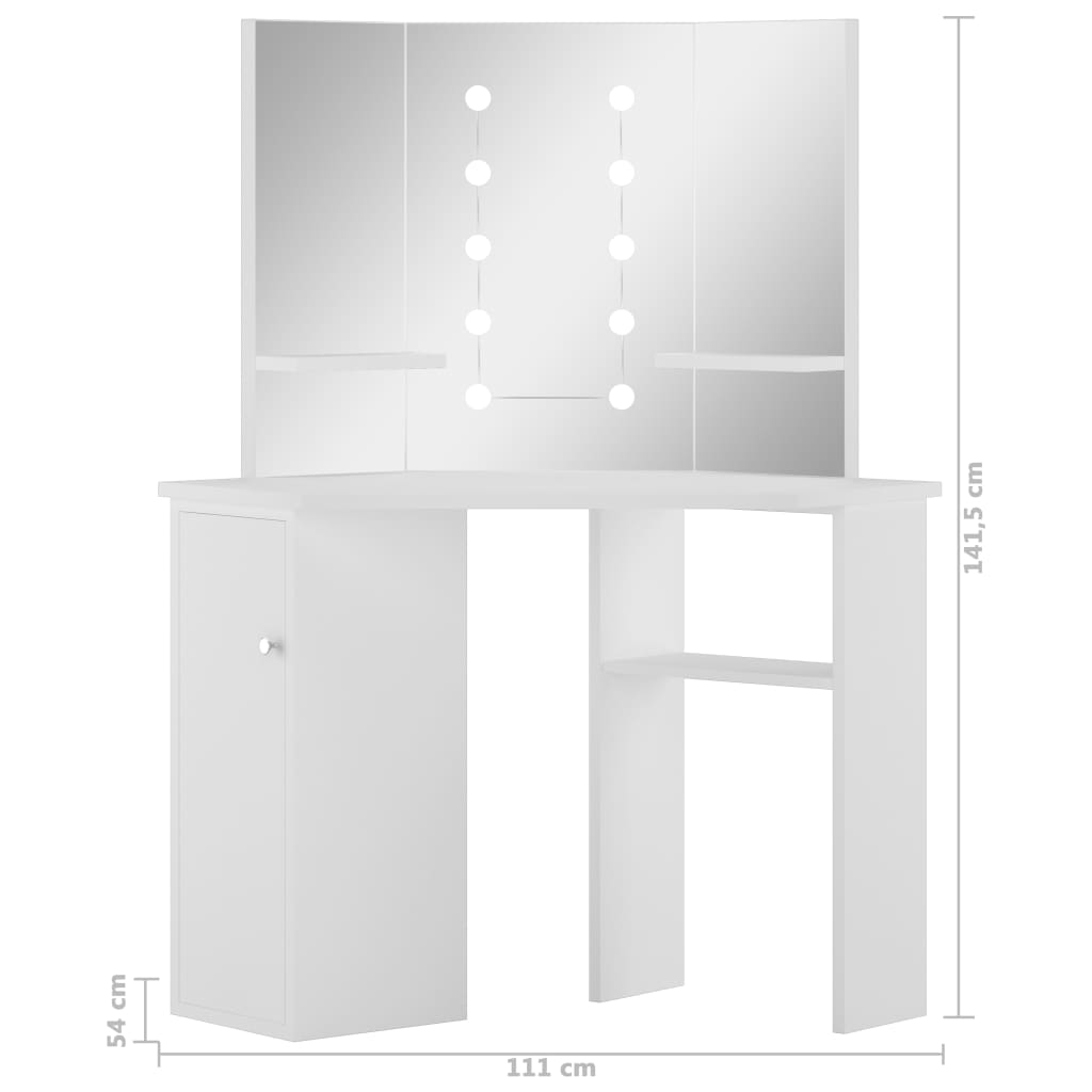 vidaXL Tocador de esquina mesa de maquillaje con luz LED blanca