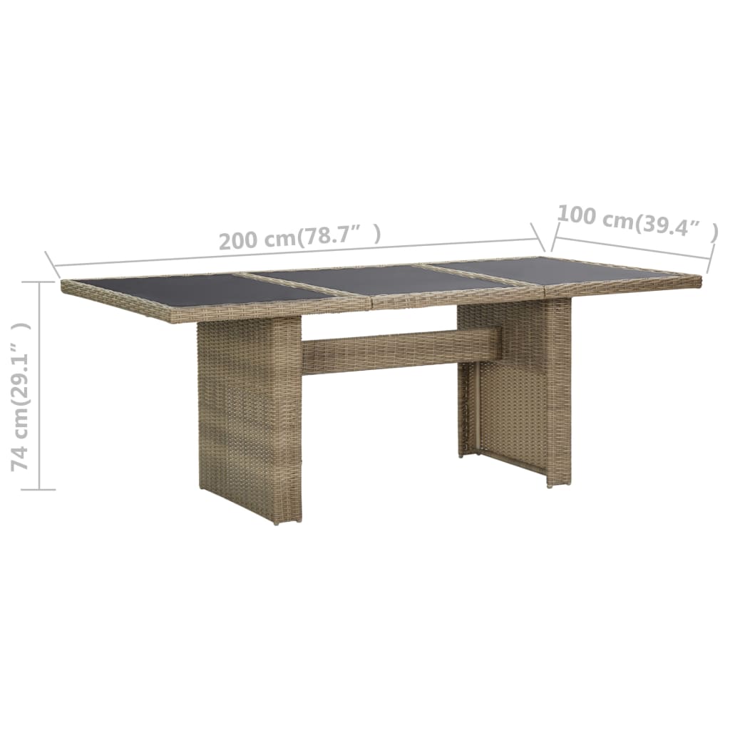 vidaXL Mesa de comedor jardín vidrio y ratán PE marrón 200x100x74 cm