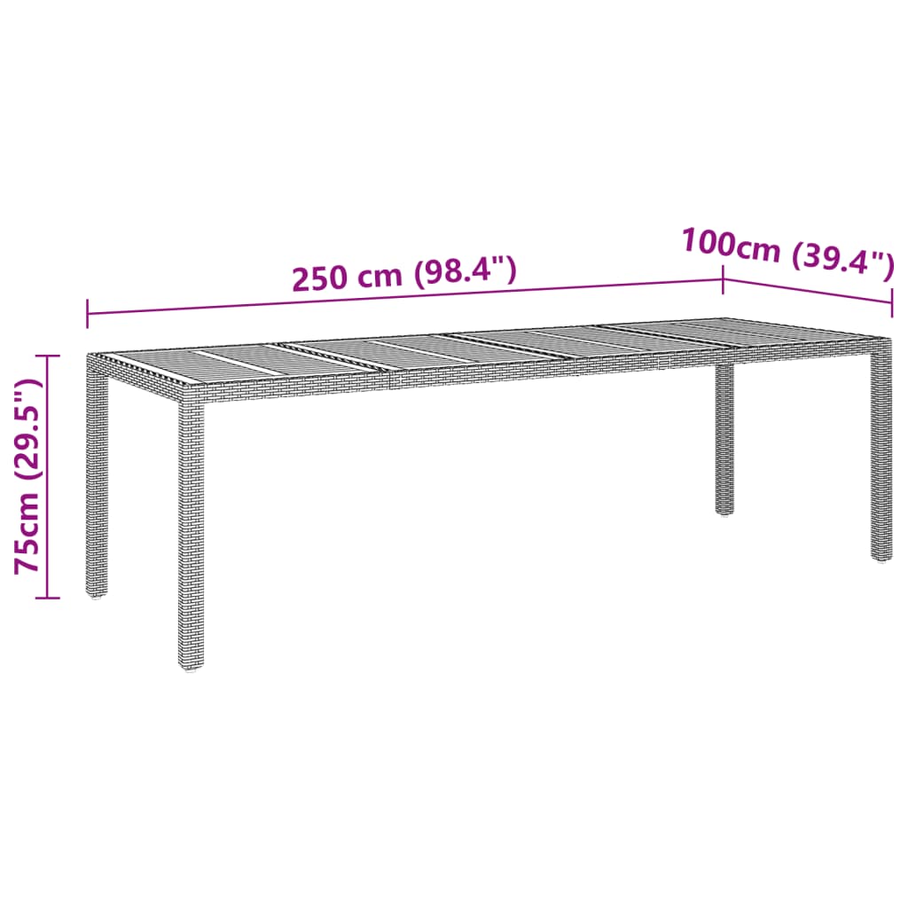 vidaXL Mesa de jardín ratán PE madera acacia maciza gris 250x100x75 cm