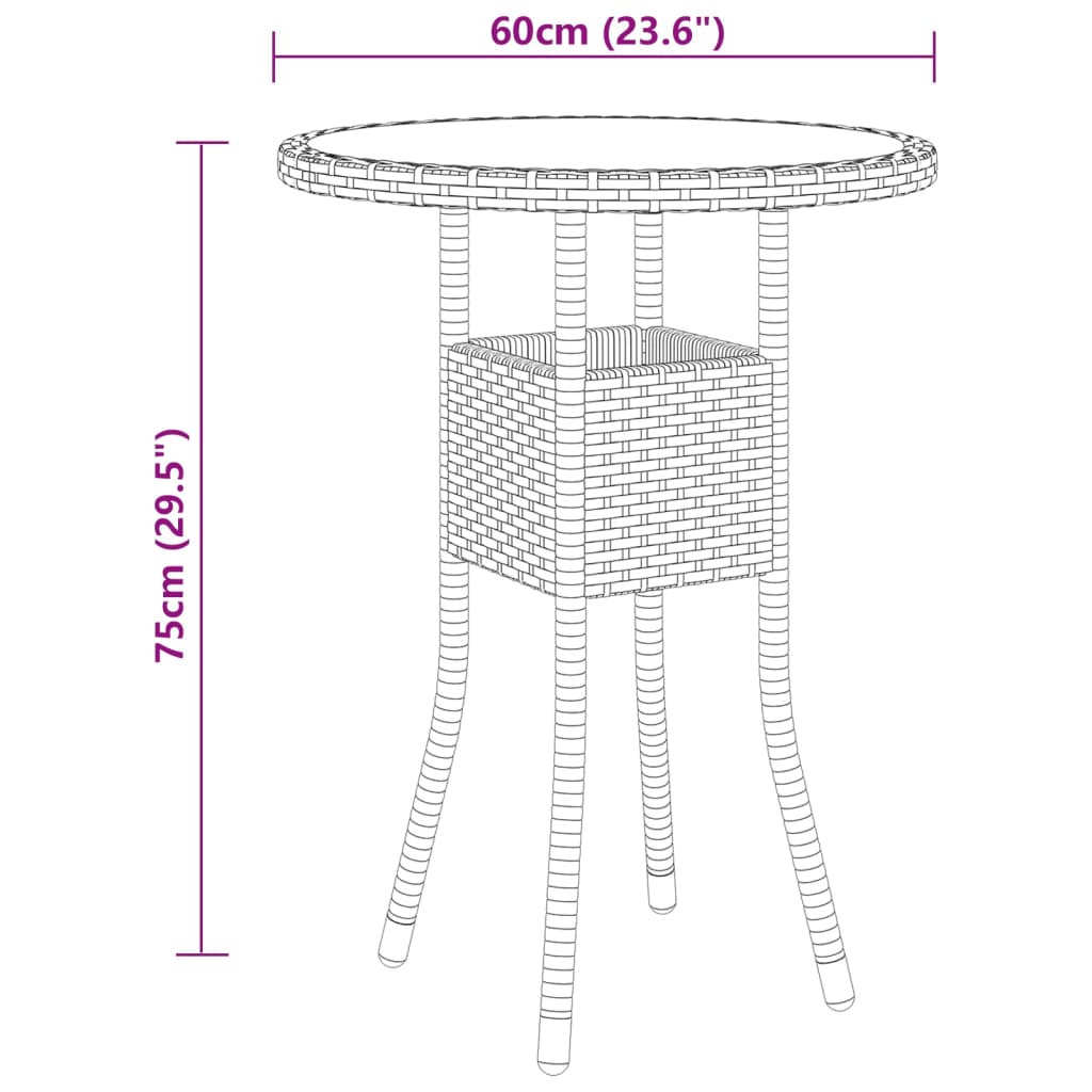 vidaXL Mesa de jardín vidrio templado ratán sintético marrón Ø60x75 cm