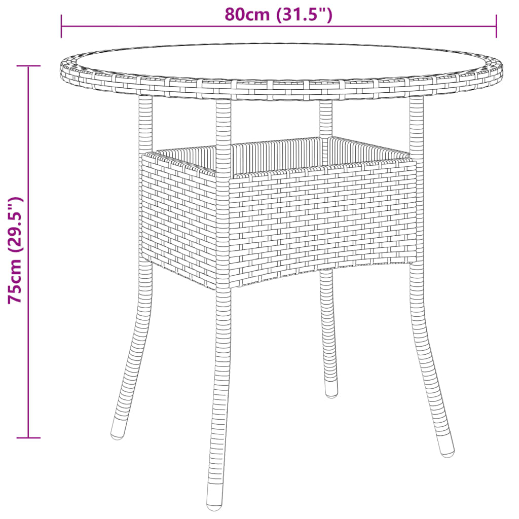 vidaXL Mesa de jardín vidrio templado ratán sintético marrón Ø80x75 cm