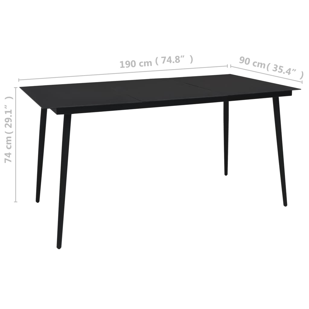 vidaXL Mesa de comedor de jardín acero y vidrio negra 190x90x74 cm