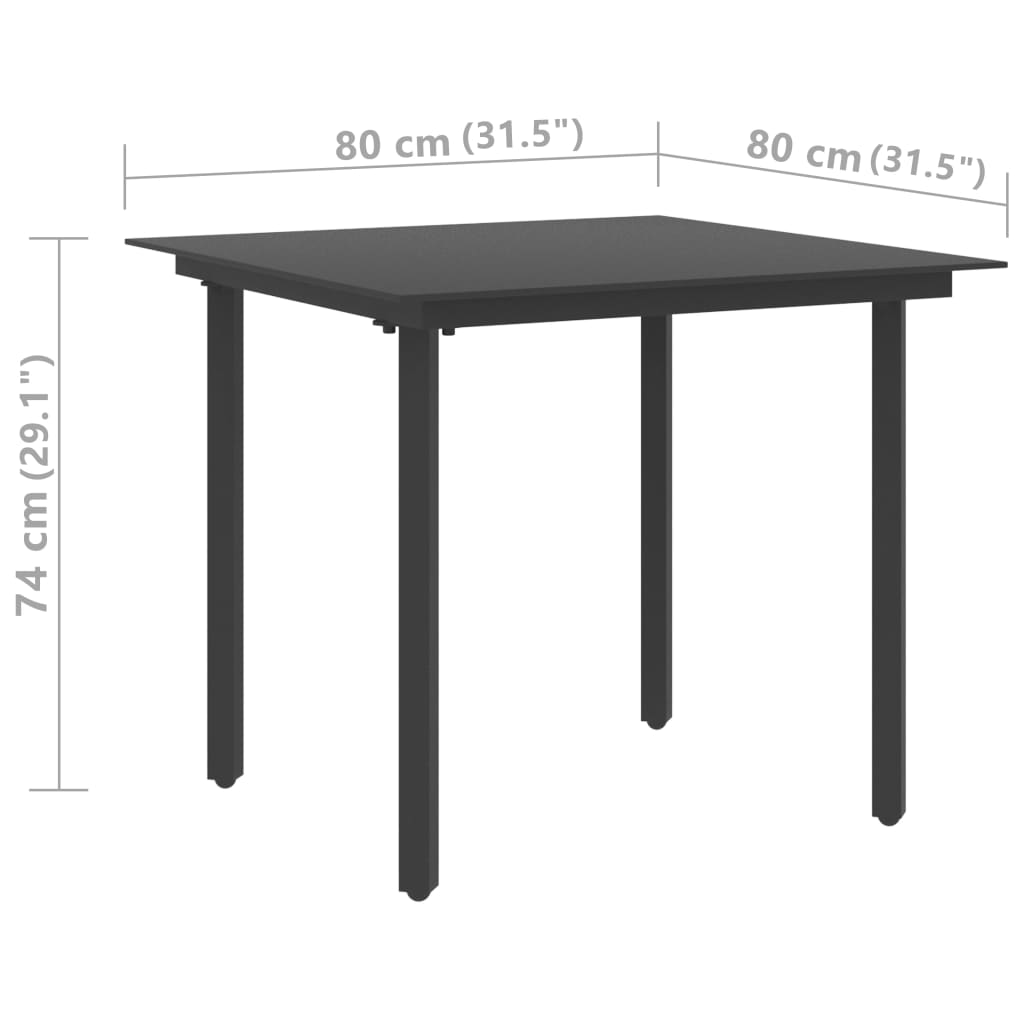 vidaXL Mesa de comedor de jardín acero y vidrio negro 80x80x74 cm