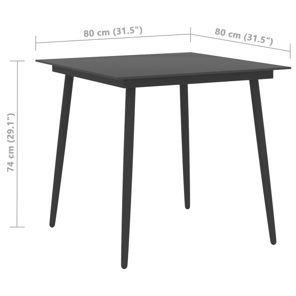 vidaXL Mesa de comedor para jardín acero y vidrio negro 80x80x74 cm