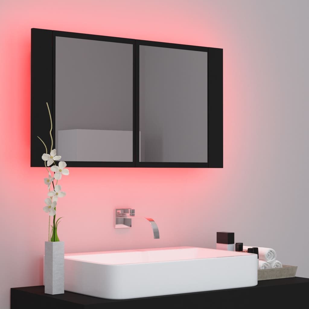 vidaXL Armario espejo de baño con luz LED acrílico negro 80x12x45 cm