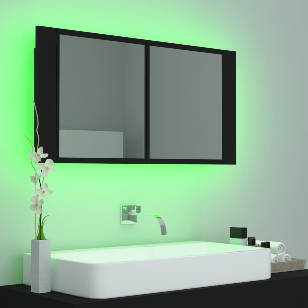 vidaXL Armario espejo de baño con luz LED acrílico negro 90x12x45 cm