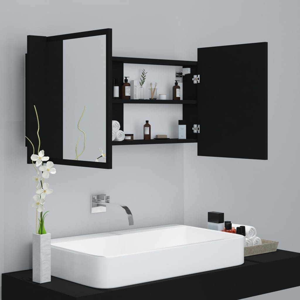 vidaXL Armario espejo de baño con luz LED acrílico negro 90x12x45 cm