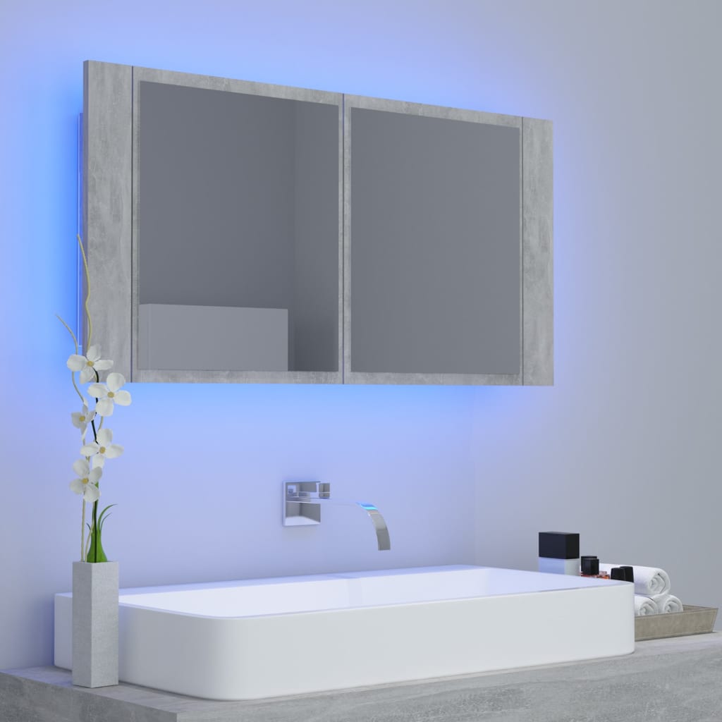 vidaXL Armario espejo baño luz LED acrílico gris hormigón 90x12x45 cm