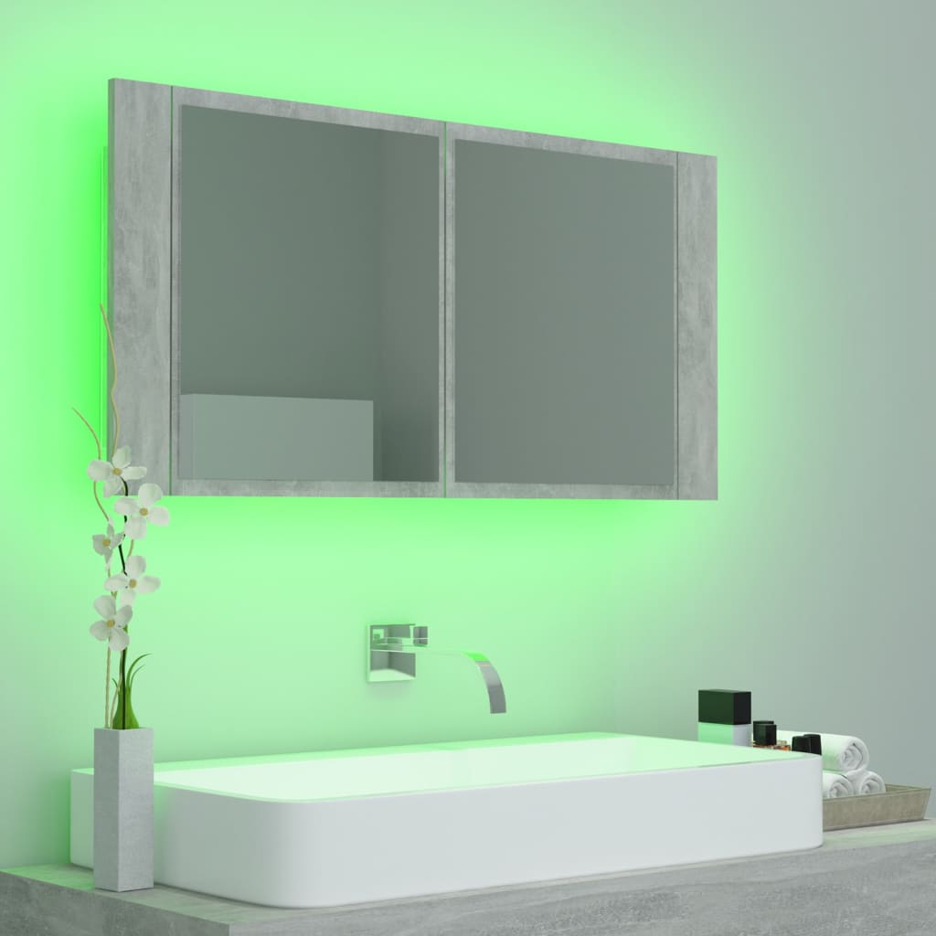 vidaXL Armario espejo baño luz LED acrílico gris hormigón 90x12x45 cm