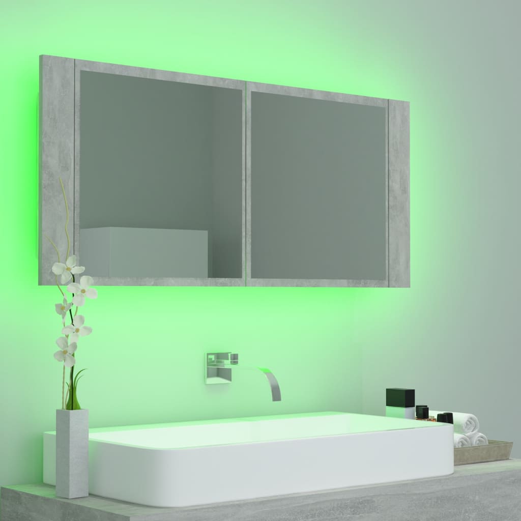 vidaXL Armario espejo baño luz LED acrílico gris hormigón 100x12x45 cm