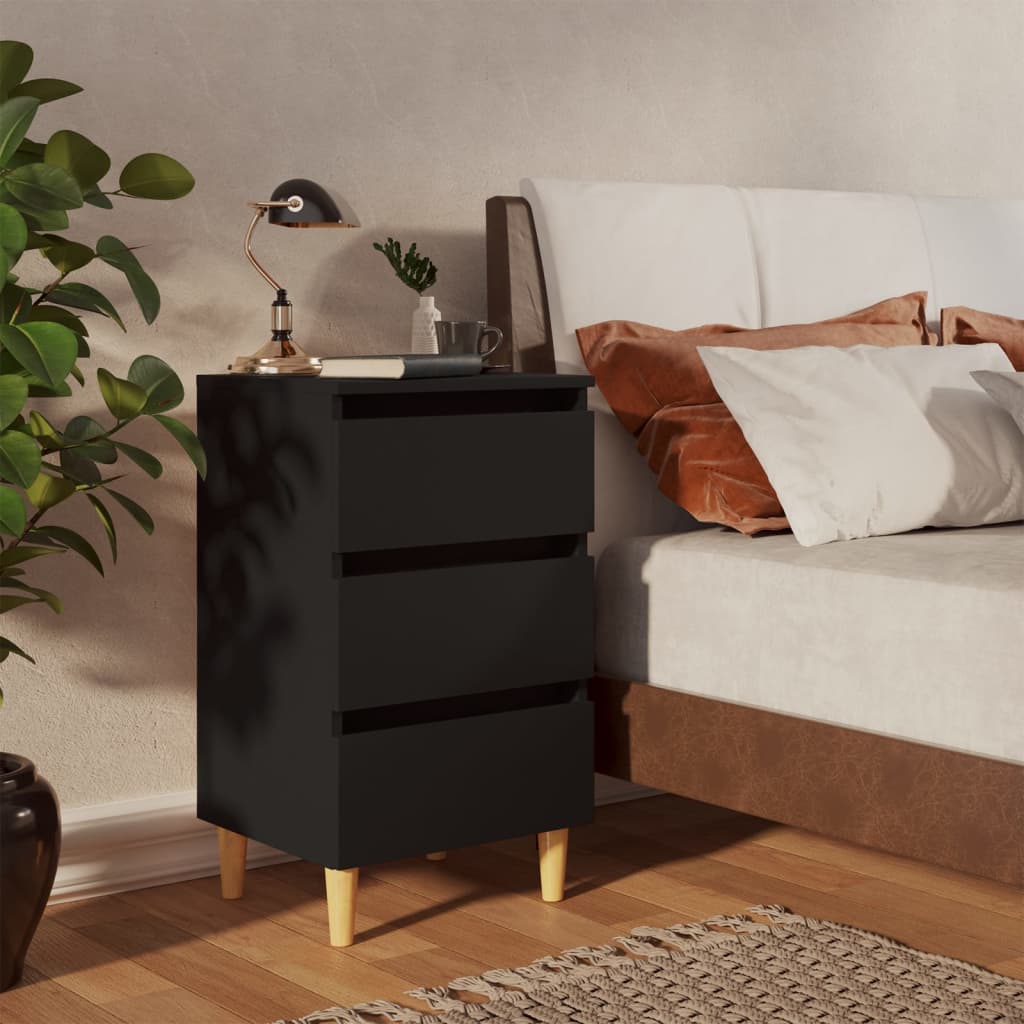 vidaXL Mesita de noche con patas de madera maciza negro 40x35x69 cm