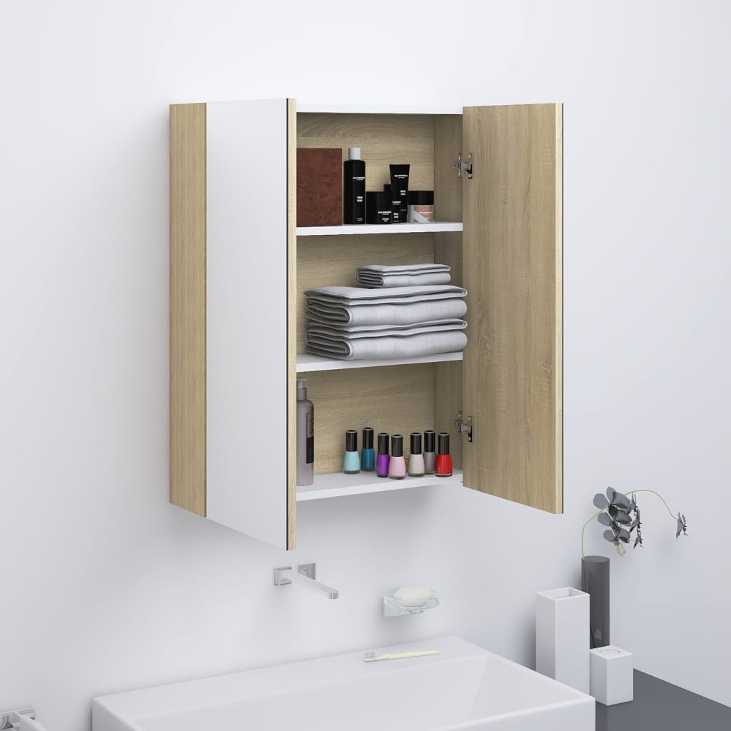 vidaXL Armario de espejo de baño MDF blanco y roble 60x15x75 cm