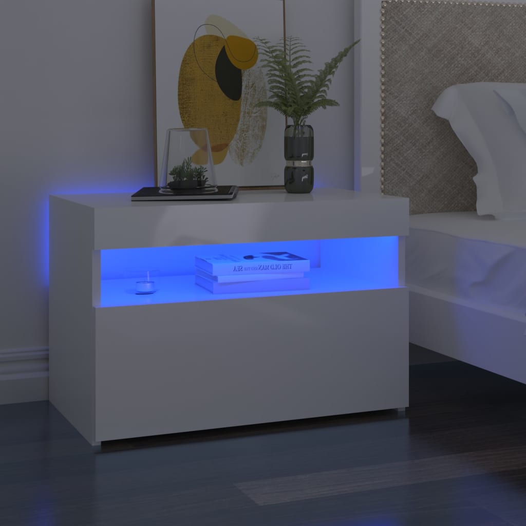 vidaXL Mesita de noche con LED contrachapada blanco brillo 60x35x40 cm