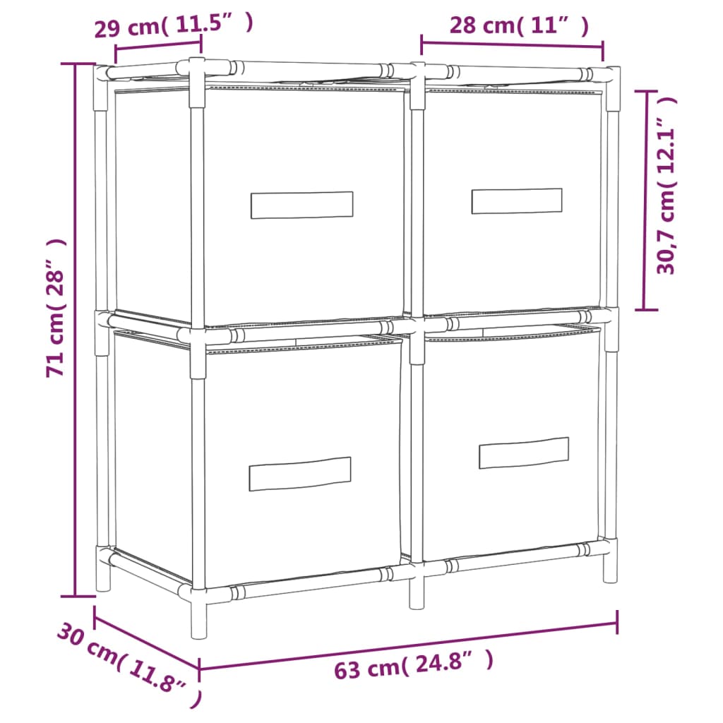 vidaXL Armario almacenaje de acero con 4 cestas tela gris 63x30x71 cm