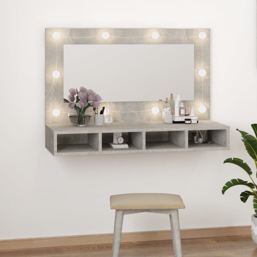 vidaXL Mueble con espejo y luces LED gris hormigón 90x31,5x62 cm