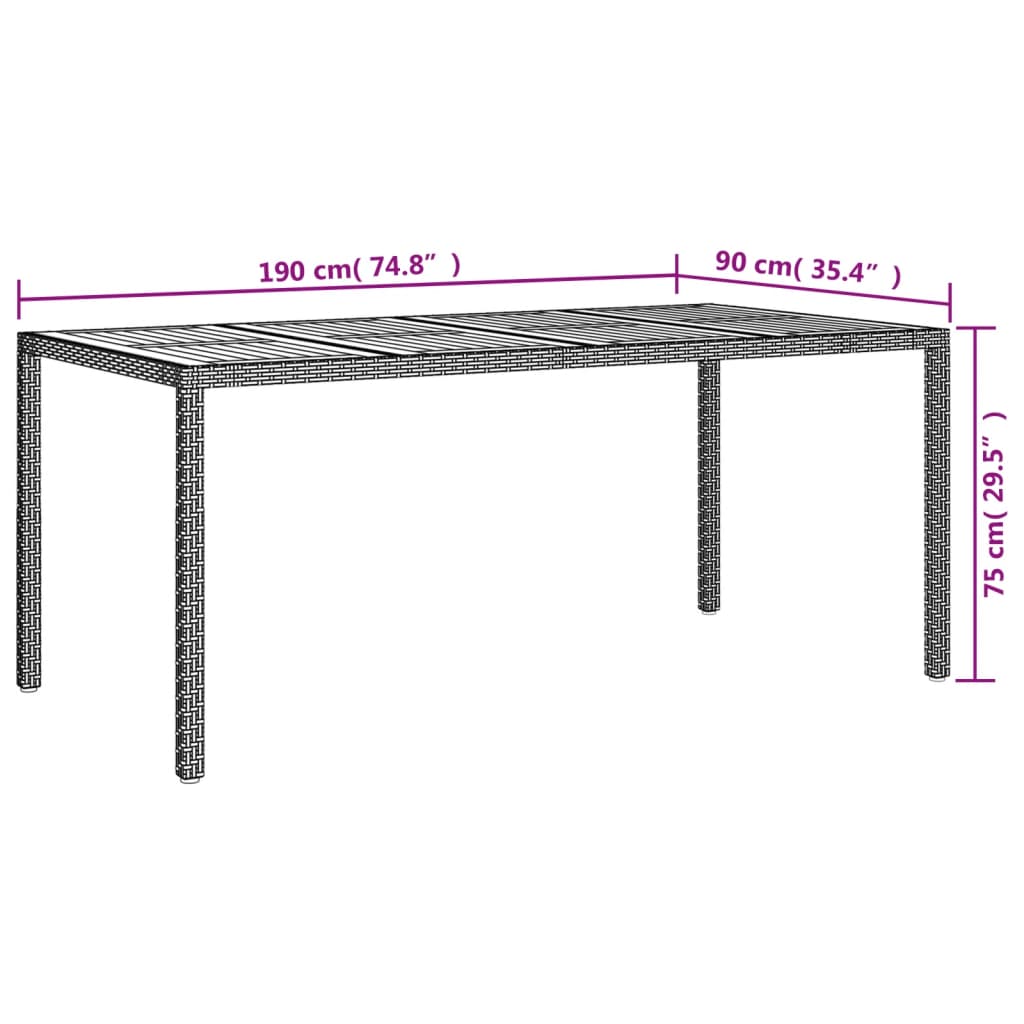 vidaXL Mesa de jardín madera acacia ratán sintético gris 190x90x75 cm