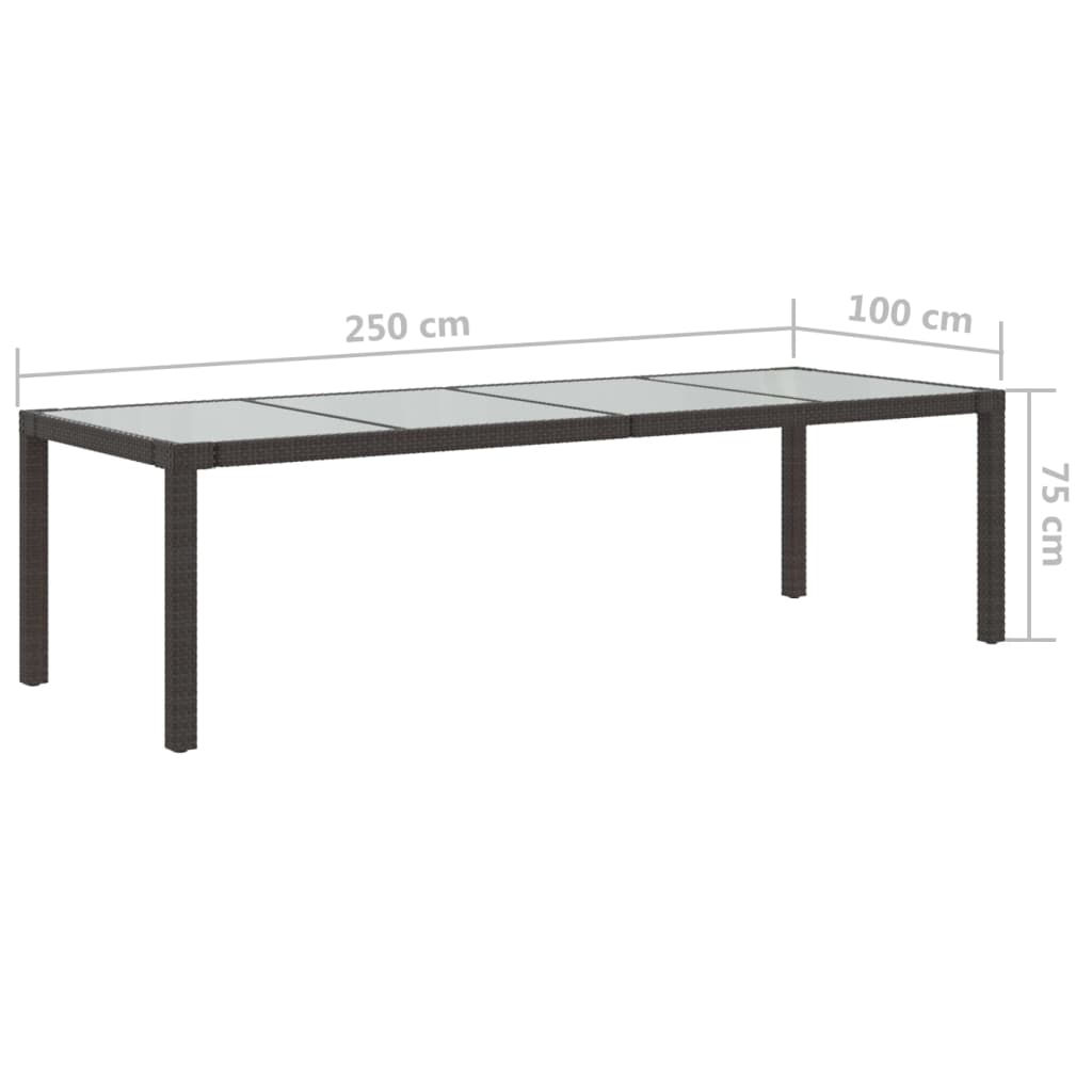 vidaXL Mesa de jardín de vidrio templado ratán PE marrón 250x100x75 cm