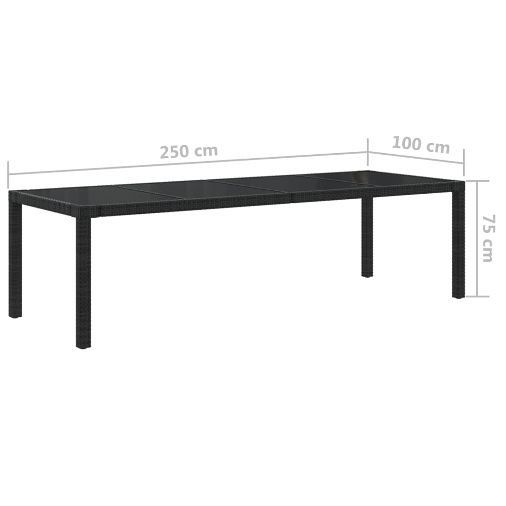 vidaXL Mesa de jardín de vidrio templado ratán PE negra 250x100x75 cm