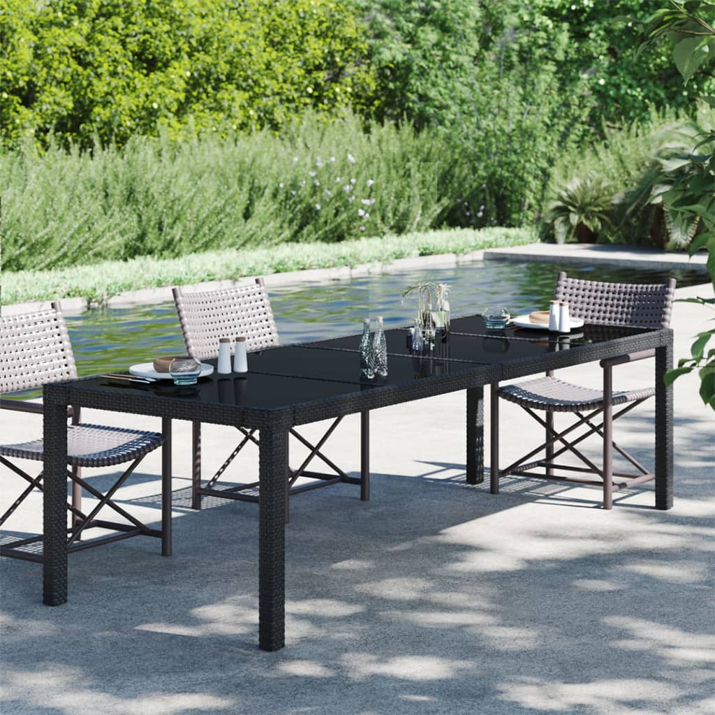 vidaXL Mesa de jardín de vidrio templado ratán PE negra 250x100x75 cm