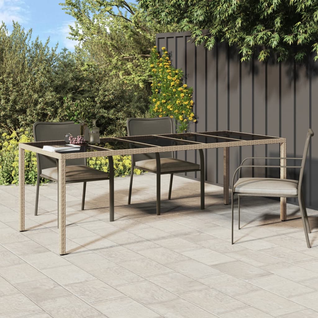 vidaXL Mesa de jardín de vidrio templado ratán PE beige 250x100x75 cm