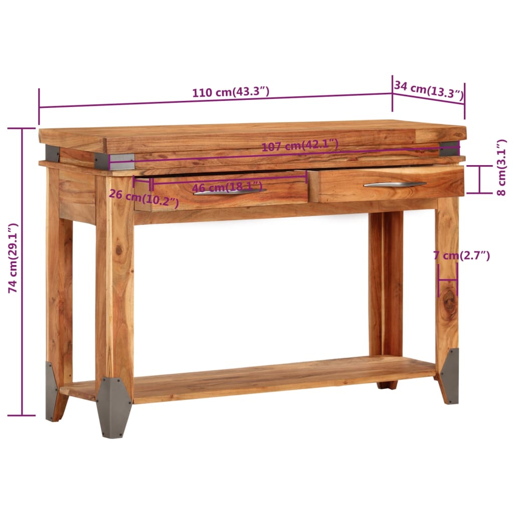 vidaXL Mesa consola de madera maciza de acacia 110x34x74 cm