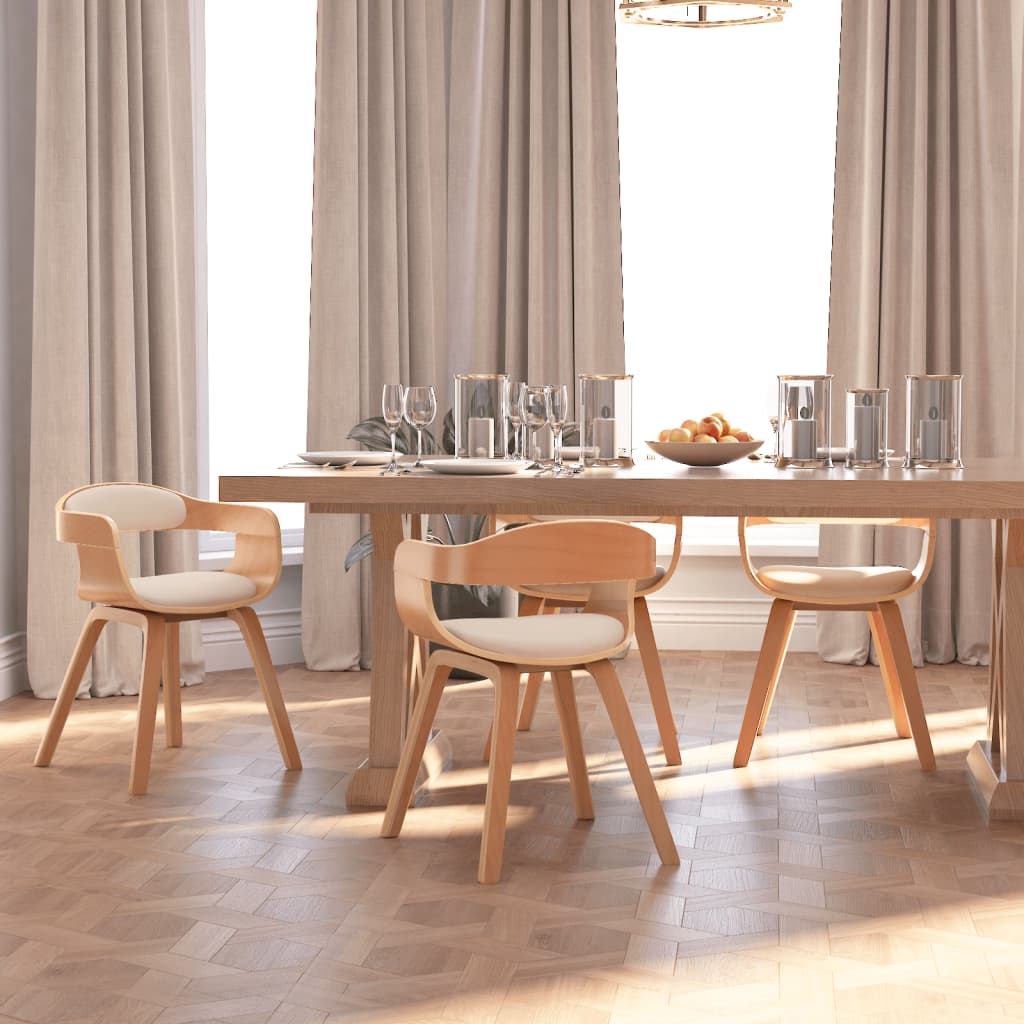 vidaXL Sillas de comedor 4 uds madera curvada y cuero sintético crema