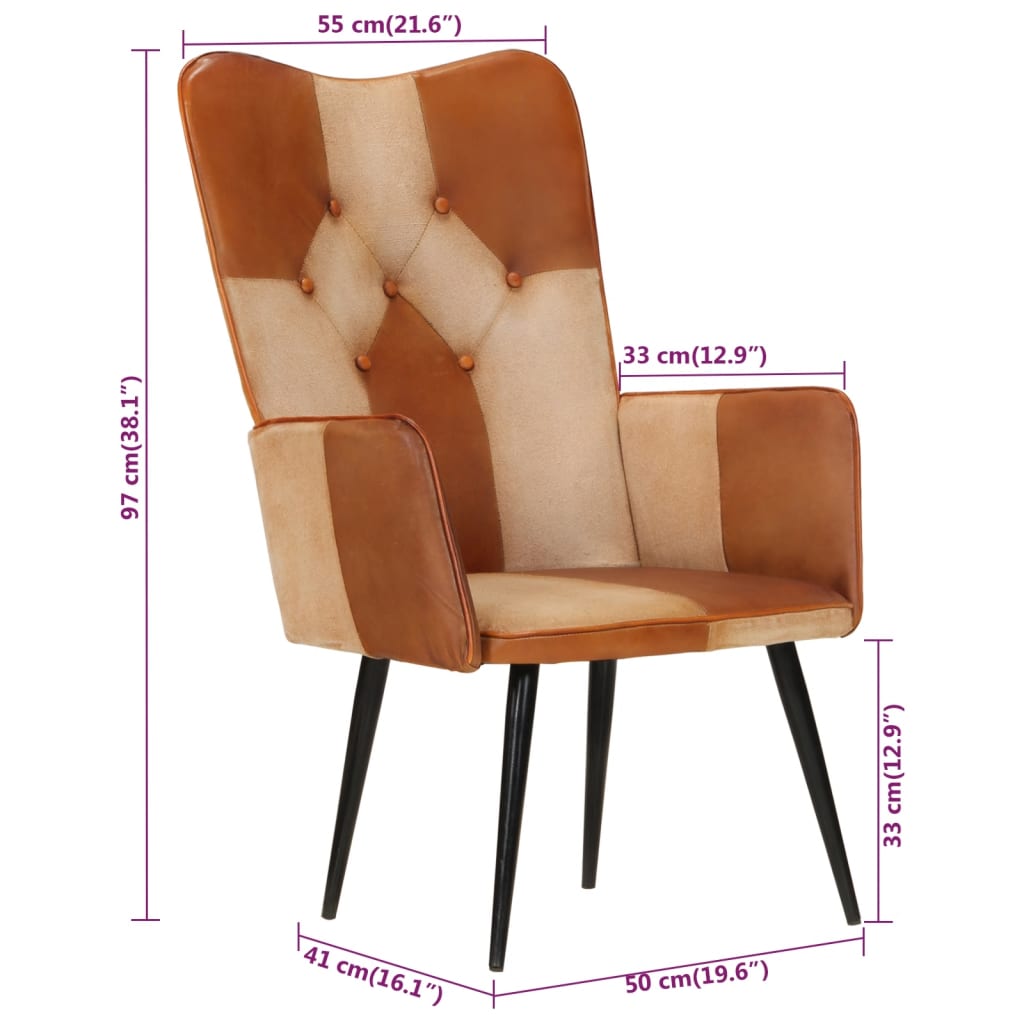 vidaXL Sillón orejero cuero auténtico marrón y crema