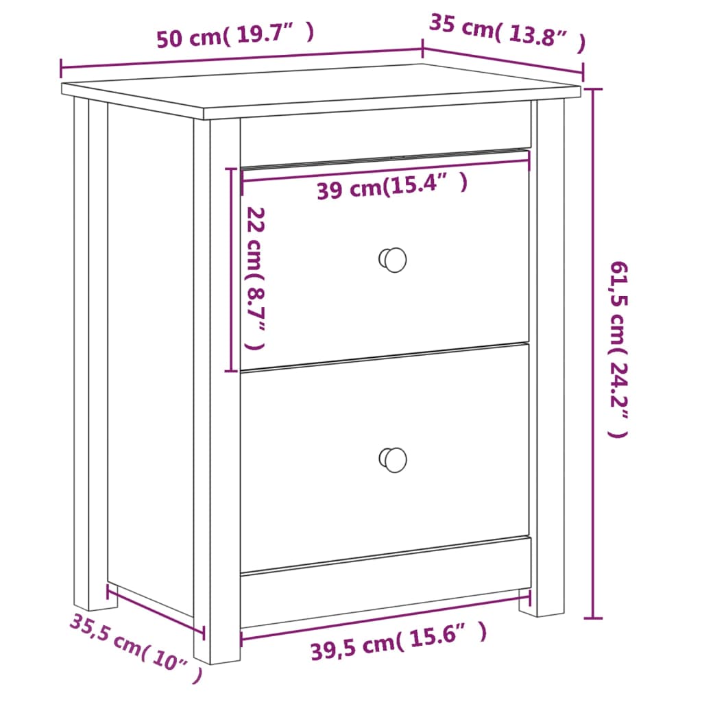 vidaXL Mesitas de noche 2 uds madera maciza de pino 50x35x61,5 cm