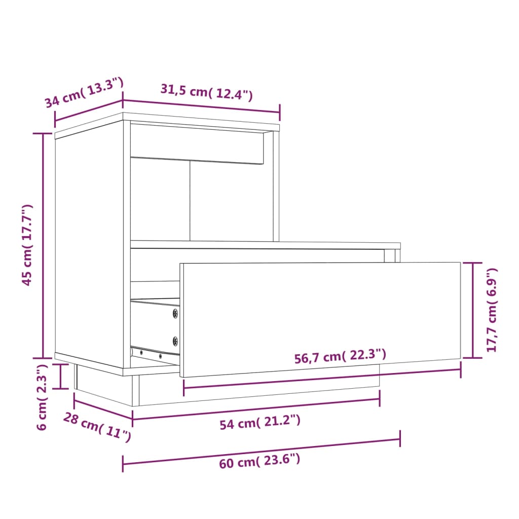 vidaXL Mesita de noche madera maciza de pino blanco 60x34x51 cm