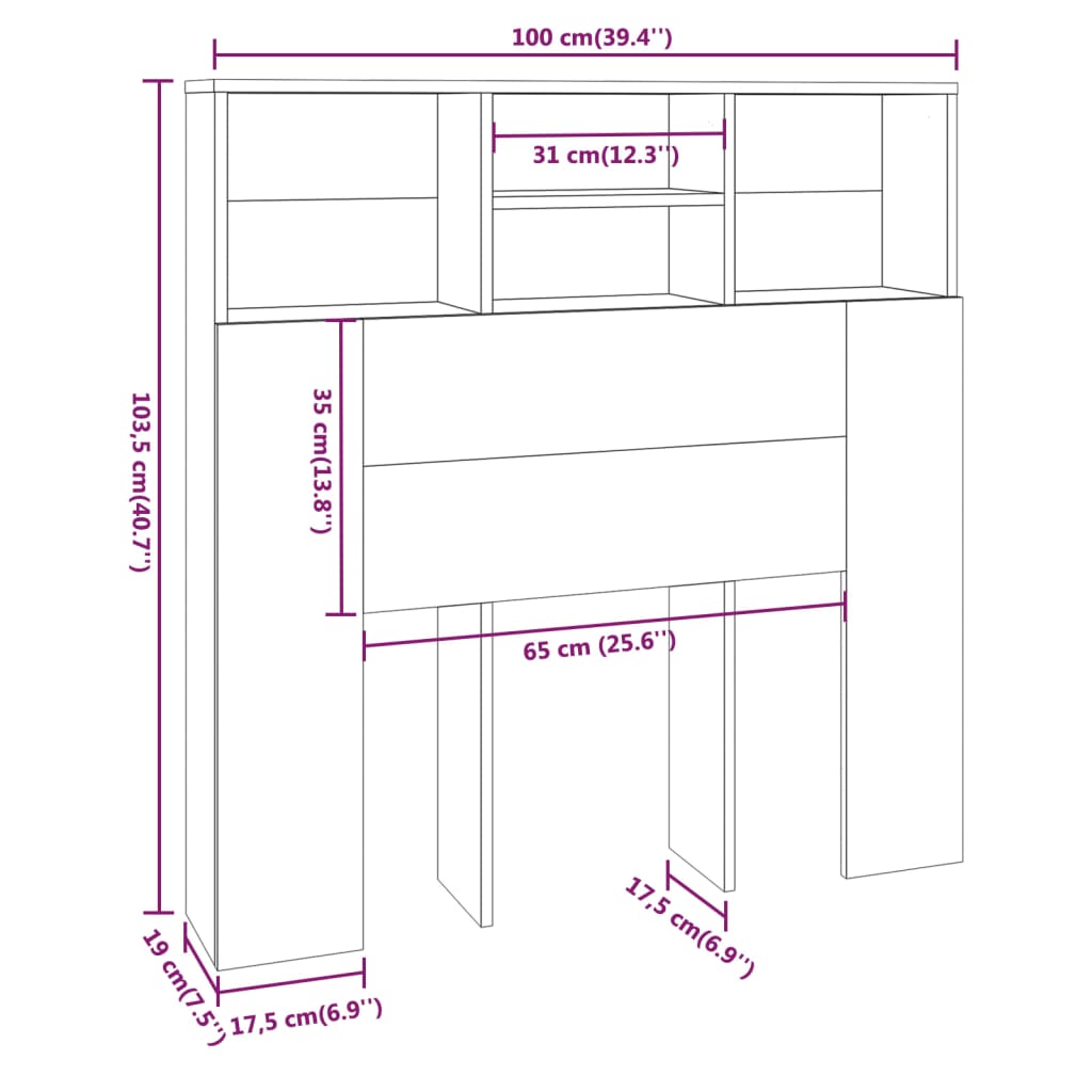 vidaXL Mueble cabecero gris Sonoma 100x19x103,5 cm