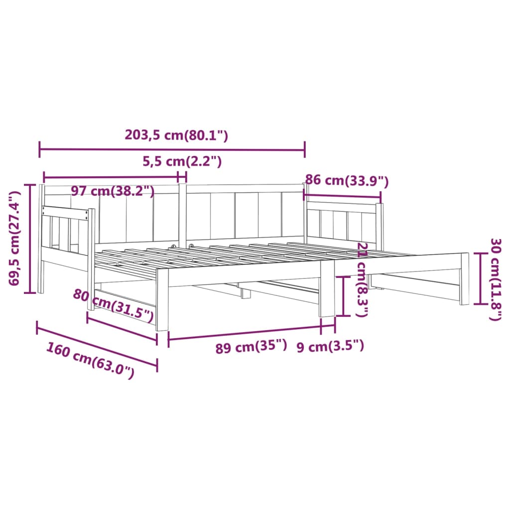 vidaXL Sofá cama extraíble sin colchón negro 2x(80x200) cm