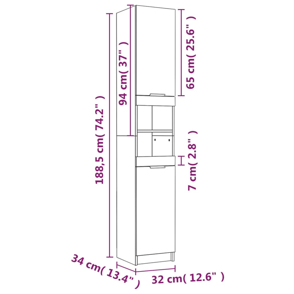 vidaXL Armario de baño madera contrachapada gris Sonoma 32x34x188,5 cm