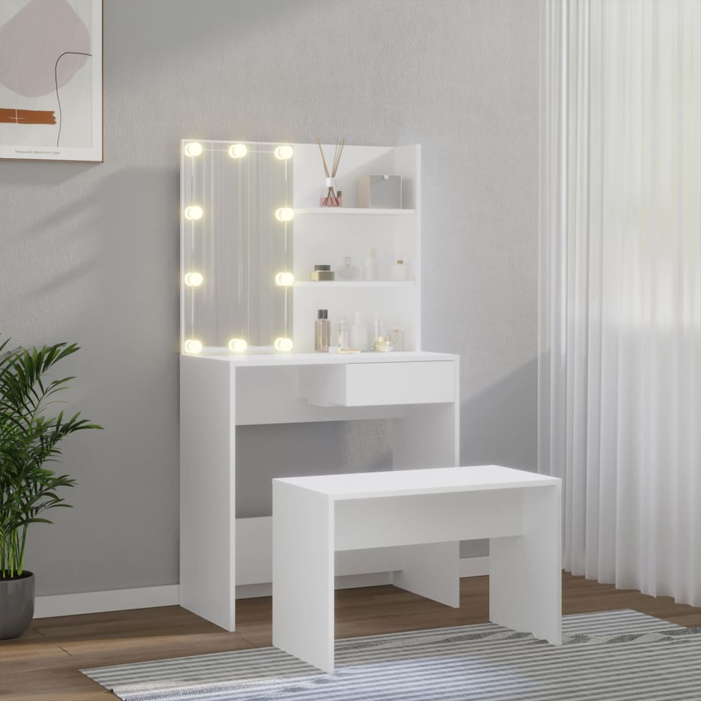 vidaXL Juego de tocador con LED madera contrachapada blanco