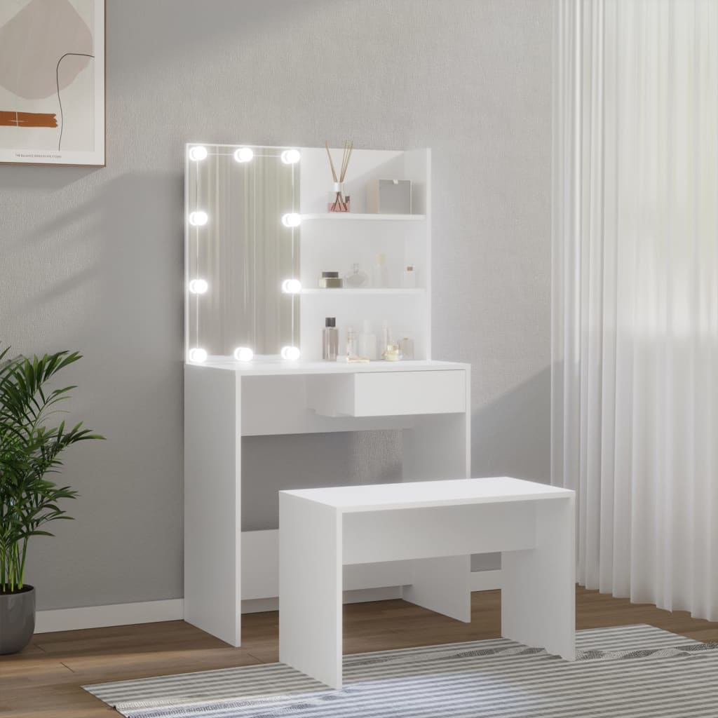 vidaXL Juego de tocador con LED madera contrachapada blanco