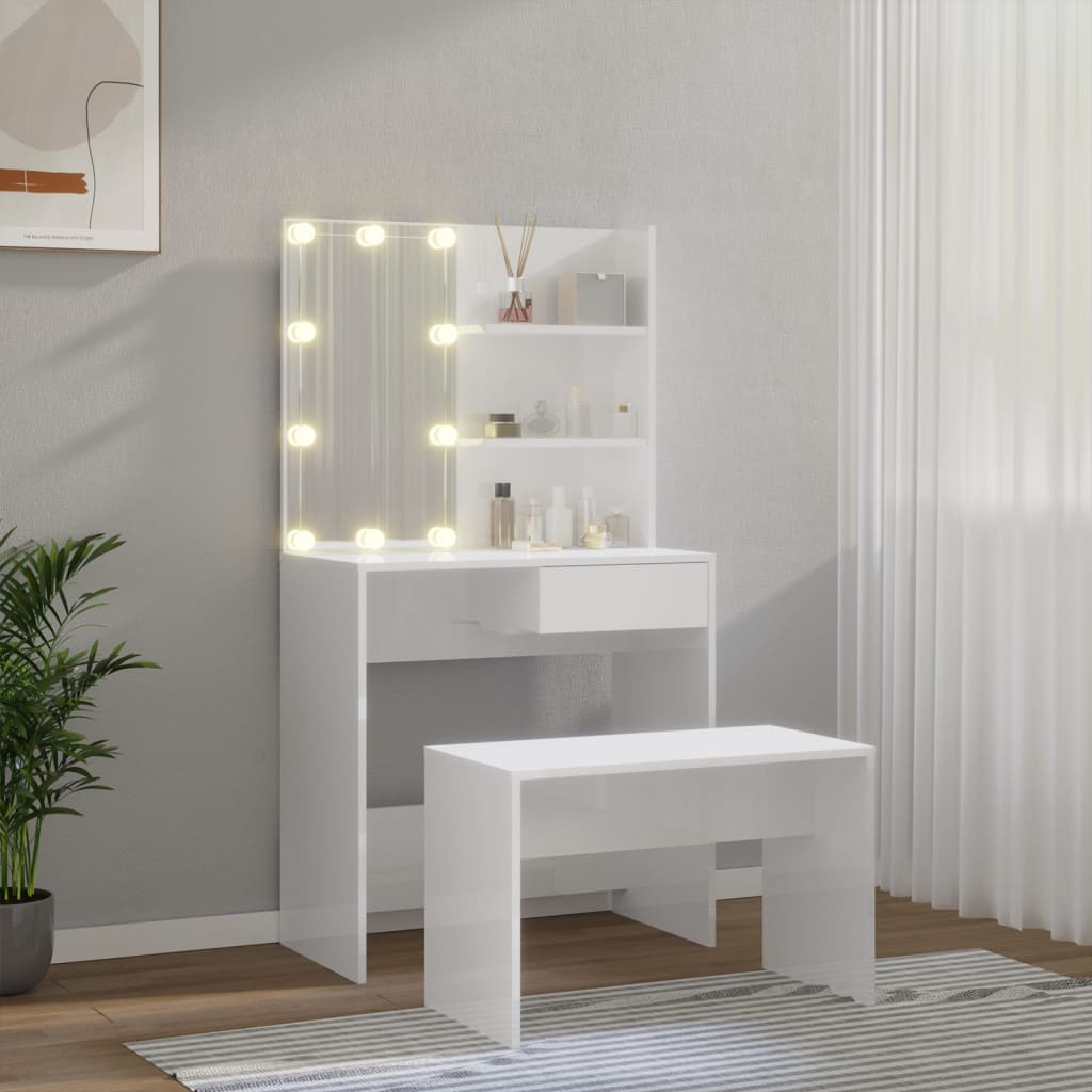 vidaXL Juego de tocador con LED madera contrachapada blanco brillante