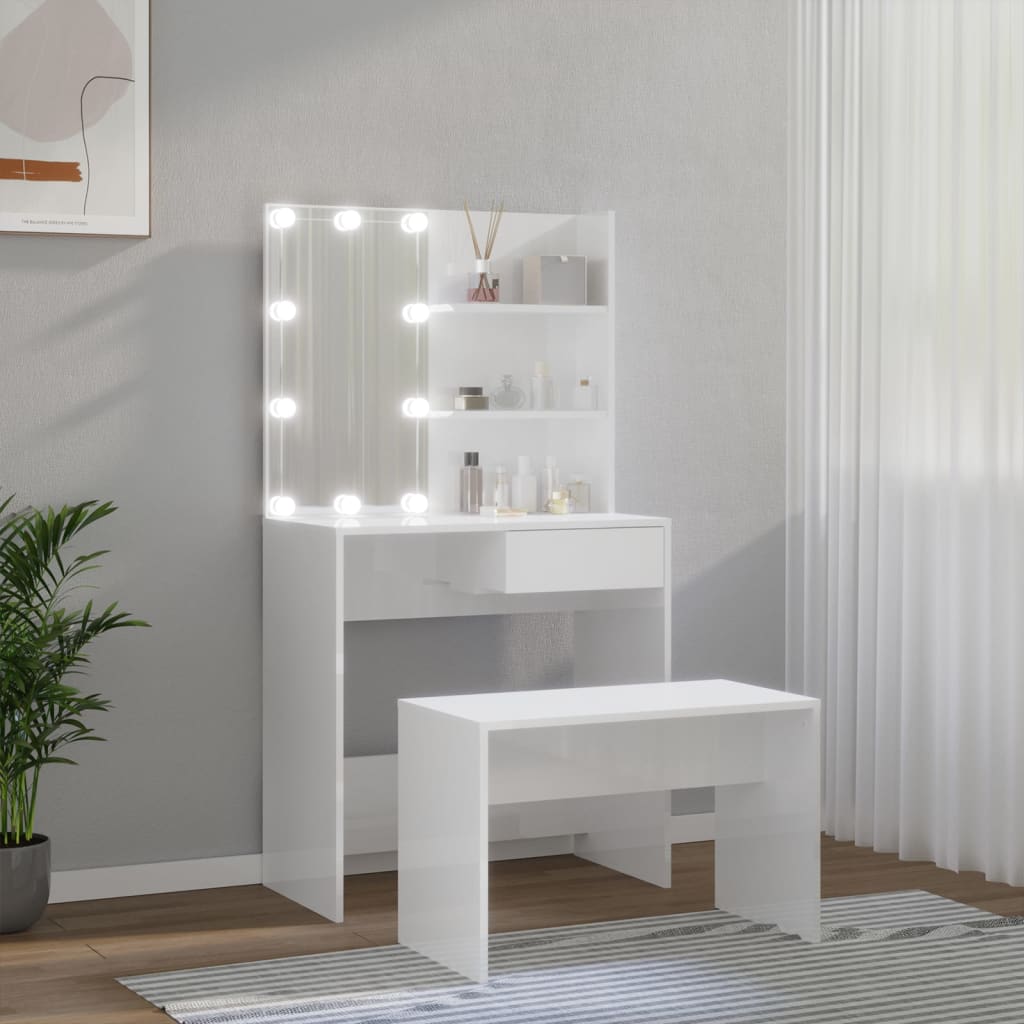 vidaXL Juego de tocador con LED madera contrachapada blanco brillante