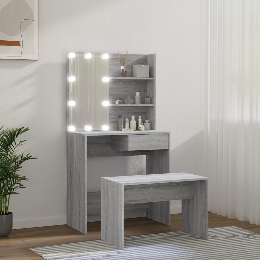 vidaXL Juego de tocador con LED madera contrachapada gris Sonoma