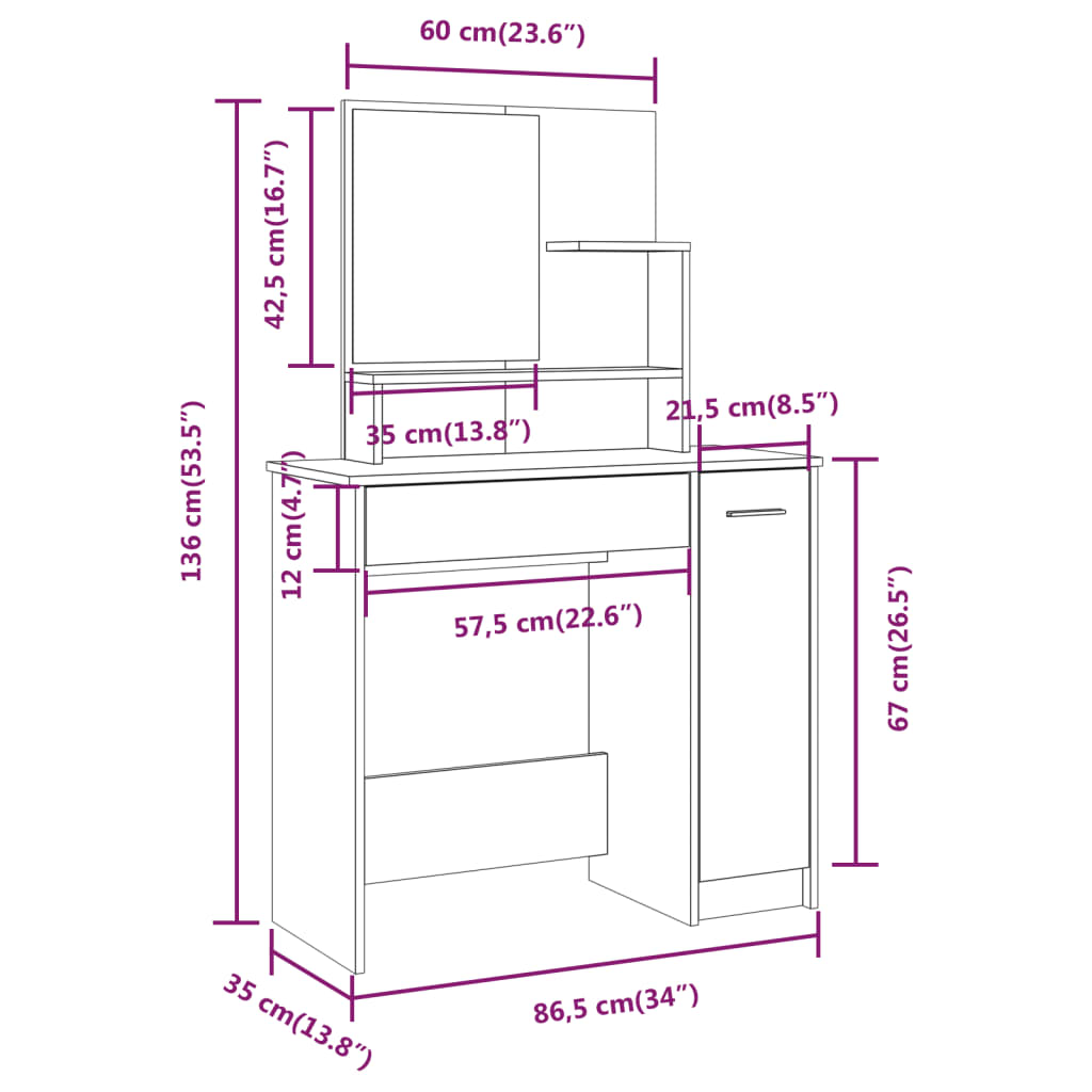 vidaXL Juego de tocador color roble Sonoma 86,5x35x136 cm