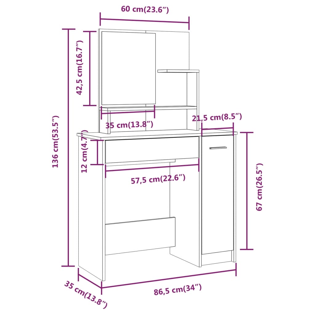 vidaXL Juego de tocador blanco brillante 86,5x35x136 cm