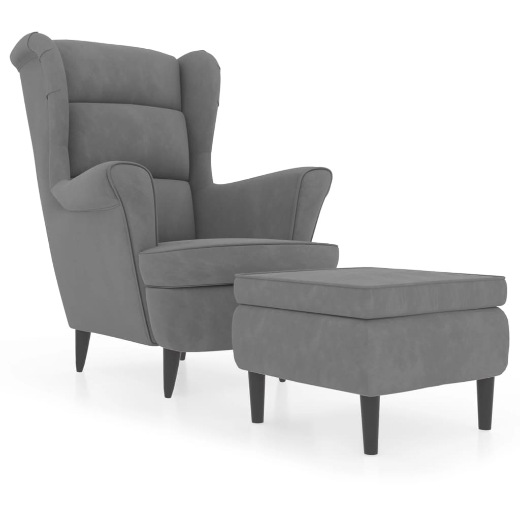 vidaXL Sillón orejero y taburete de terciopelo gris claro