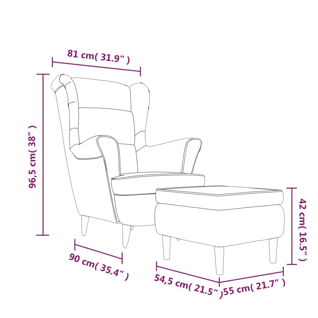 vidaXL Sillón orejero y taburete de terciopelo gris claro