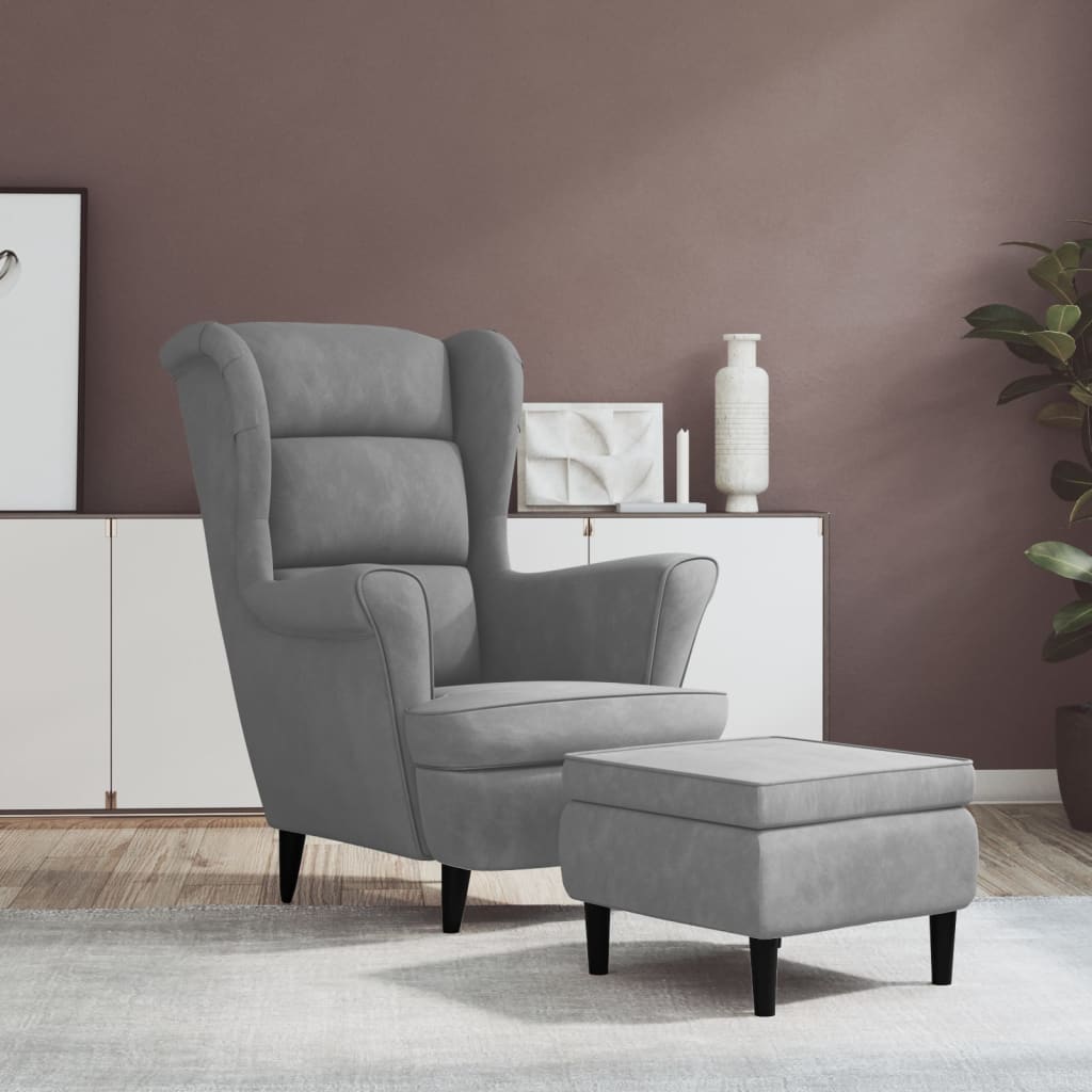 vidaXL Sillón orejero y taburete de terciopelo gris claro