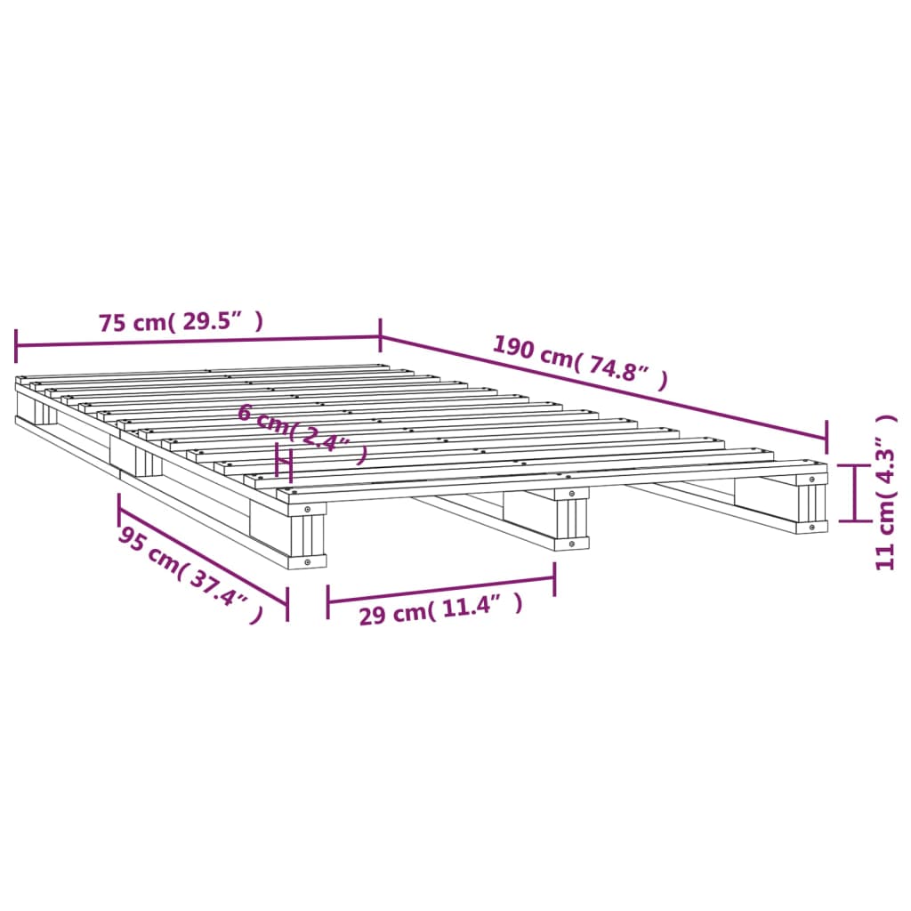 vidaXL Cama de palets madera maciza pino negra pequeña 75x190 cm