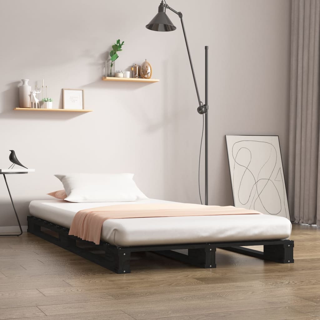 vidaXL Cama de palets madera maciza pino negra pequeña 75x190 cm