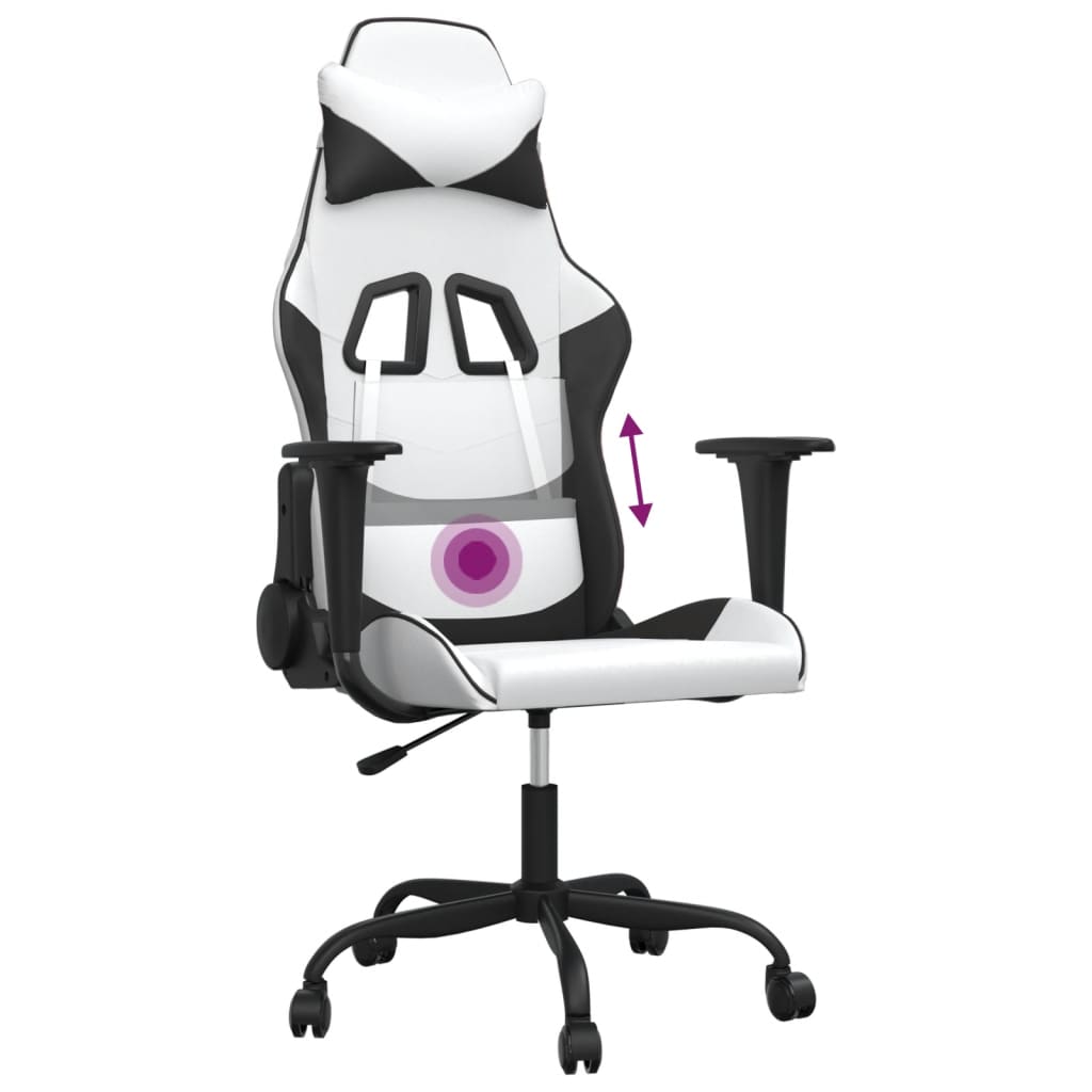 vidaXL Silla gaming de masaje cuero sintético blanco y negro