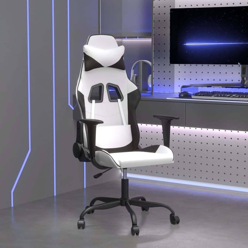 vidaXL Silla gaming de masaje cuero sintético blanco y negro